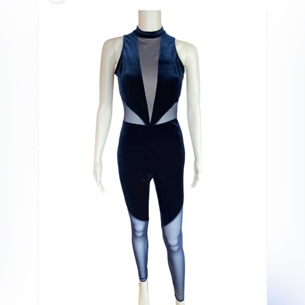 Kelle Navy mesh velvet Sleeveless pantsuit kids dance costume  jazz gymnastics